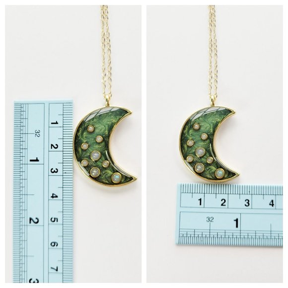 Crescent Moon Pendant Necklace Metallic Forest Green and Gold Handmade Necklace - Picture 7 of 10